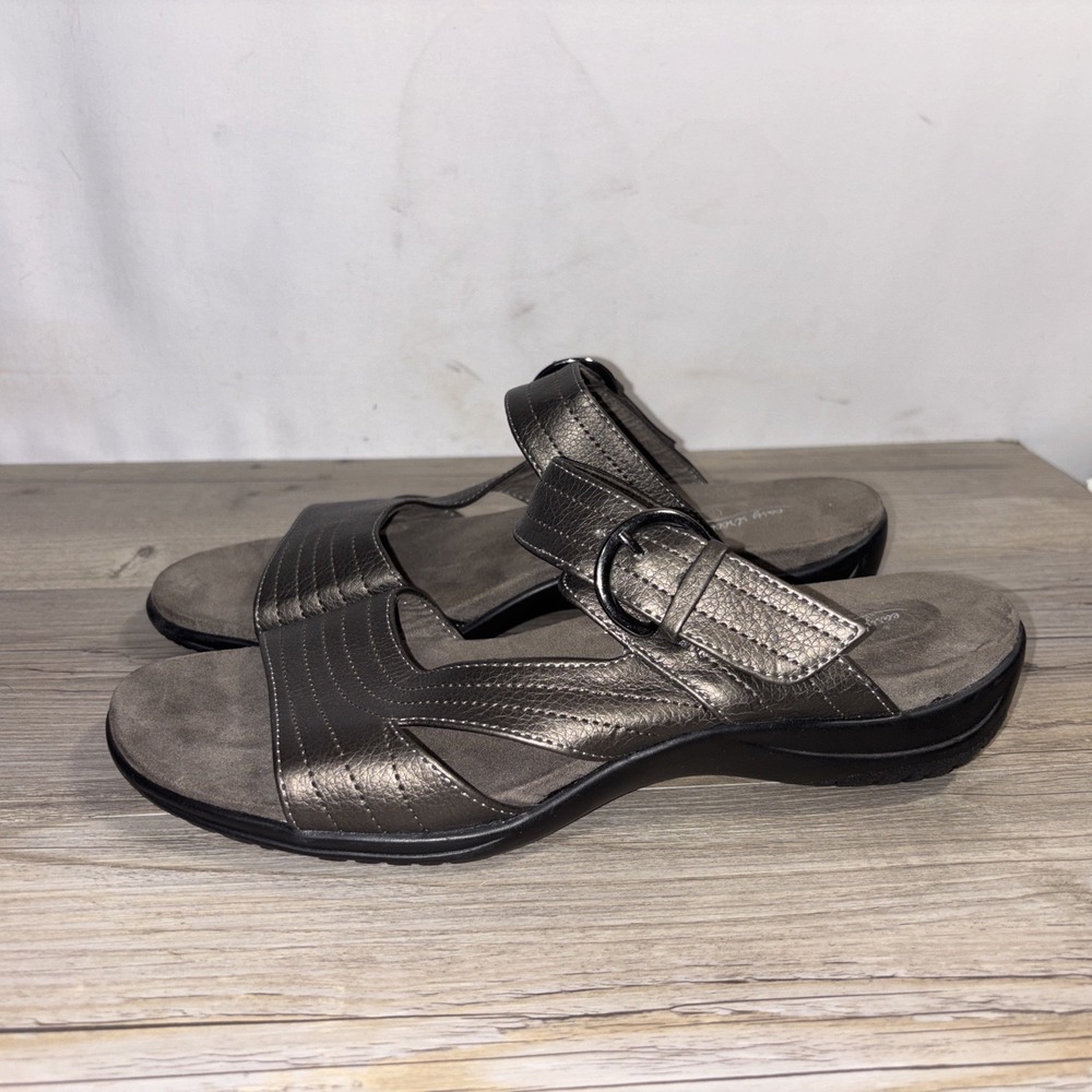 Womens 9 Easy Street Flicker Pewter Gunmetal Sandals Comfort Wave Slip-On Casual